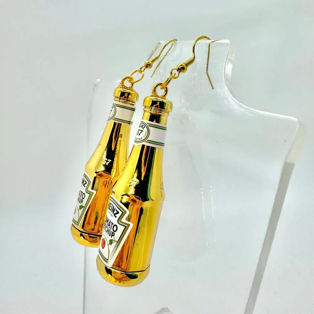 Gold Ketchup Earrings - Metallic Condiment Dangles - Funky Foodcore Aesthetic